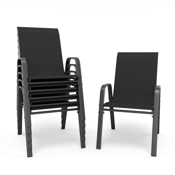 English Elm 7-piece Outdoor Dining Set with Wood-grain Steel Table Umbrella Hole Six Ergonomic Chairs Black W3979S00040