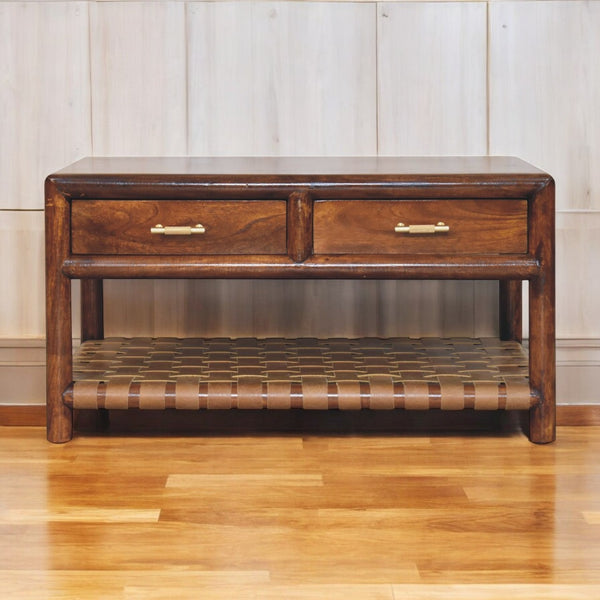 English Elm Regency Woven Console Table in Chestnut Mango Wood with Braided Shelf, 2 Drawers & Brass Pulls B182P284351