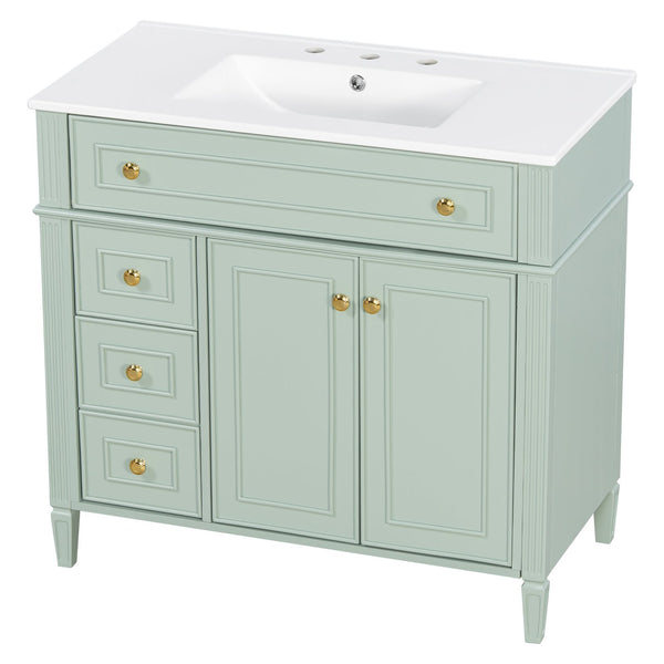 English Elm 36 Inch Freestanding Bathroom Vanity Sage Pine Cabinet Gold Hardware Ceramic Sink Green N725P366468G