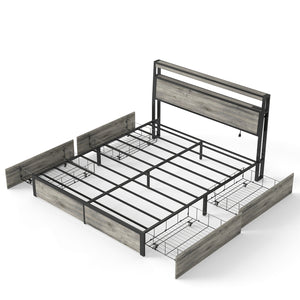 English Elm Queen Metal Platform Bed with Rgb Led Headboard Charging Station and Underbed Storage T3963P482868