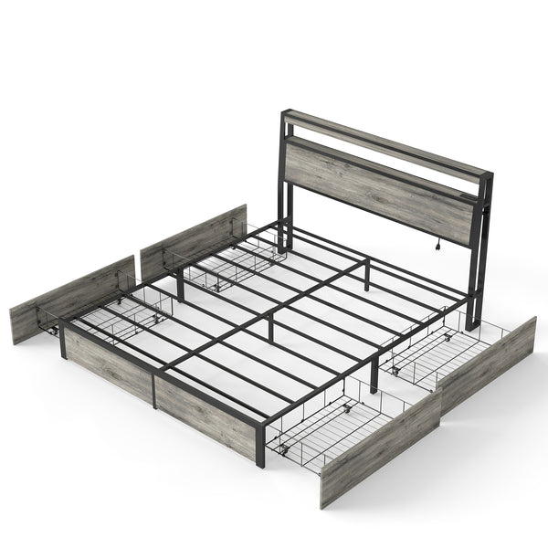 English Elm Queen Metal Platform Bed with Rgb Led Headboard Charging Station and Underbed Storage T3963P482868