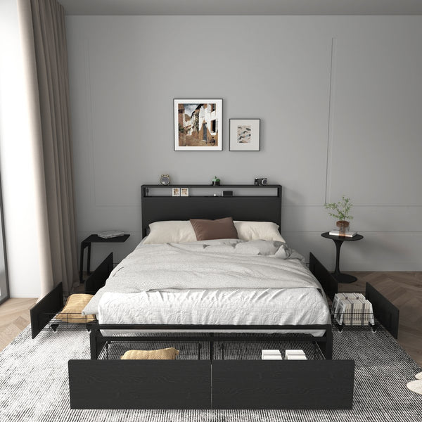 English Elm Full Platform Bed with 6 Storage Drawers Led Lighting and Usb Charging Headboard Shelf W2129P314788