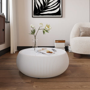 English Elm Light Marble Top Drum-Shaped Coffee Table: Chic Leather-Wrapped Design For Stylish Living Spaces W3081P367626