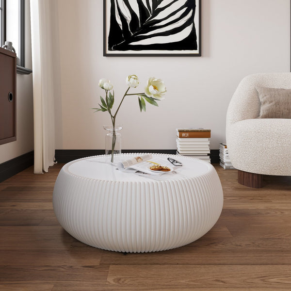 English Elm Light Marble Top Drum-Shaped Coffee Table: Chic Leather-Wrapped Design For Stylish Living Spaces W3081P367626