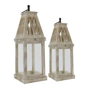 English Elm Set of 2 French Country Fir Wood Lanterns with Carved Lattice Tops Weathered White Finish W2078P495672