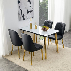 English Elm Table and Chair Set Marble Glass Top Gold Legs Black Pu Seats Modern Dining W1151S04650