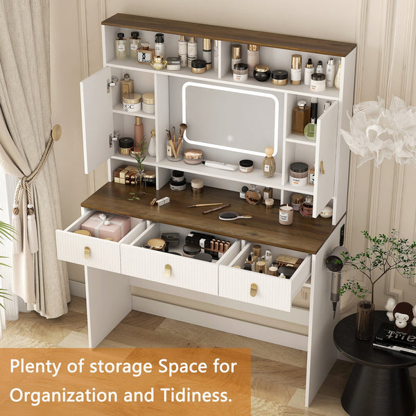 English Elm Farmhouse Vanity with Lighted Mirror Drawers and Styling Tool Storage for Bedroom W1321P423039