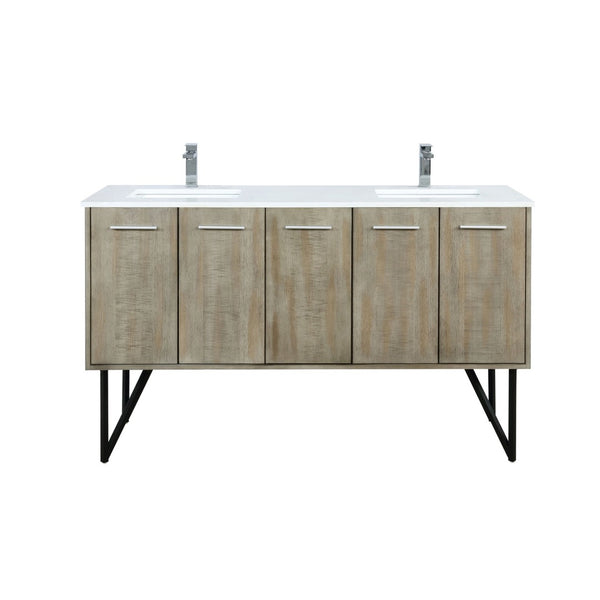 English Elm Rustic Acacia Double Bath Vanity 60" W With White Quartz Top & Chrome Faucet For Modern Elegance B2731P259630-GIGA