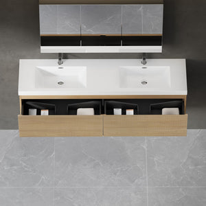English Elm 72'' Floating Double Vanity Smoked Walnut Fluted Mdf Cabinet with Quartz Basins W1920P385467