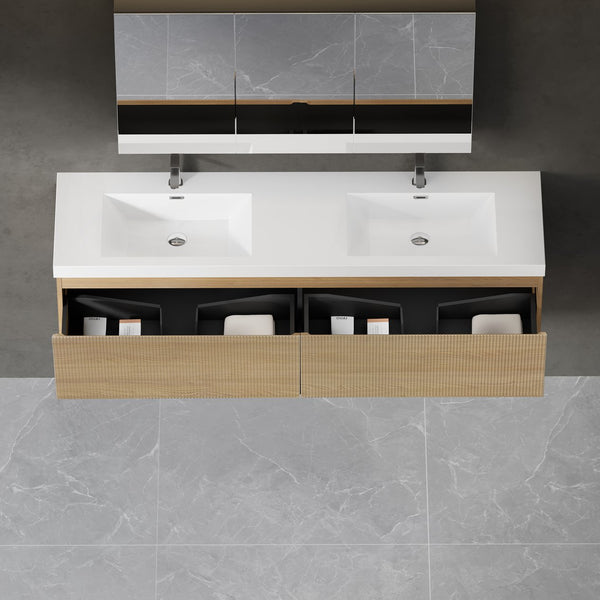 English Elm 72'' Floating Double Vanity Smoked Walnut Fluted Mdf Cabinet with Quartz Basins W1920P385467