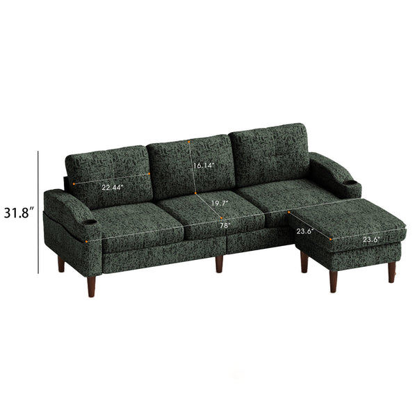 English Elm Convertible Modular 3-Seater Sofa with Removable Ottomans, Dual Side Storage and Versatile Layouts Green W2012P318978