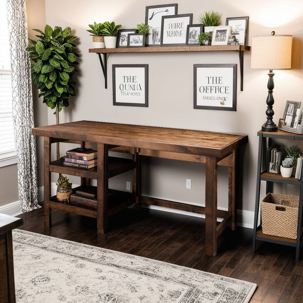 English Elm 60 Knotty Alder Workstation Desk in Whiskey Finish — Fully Assembled, Rustic Urban Style with Open Shelves for Home Office B108P160193