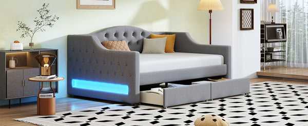English Elm Upholstered Twin XL Daybed with LED Belt and Two Underbed Drawers, Linen Backrest, Modern Storage Elegance Gray DL002060AAE