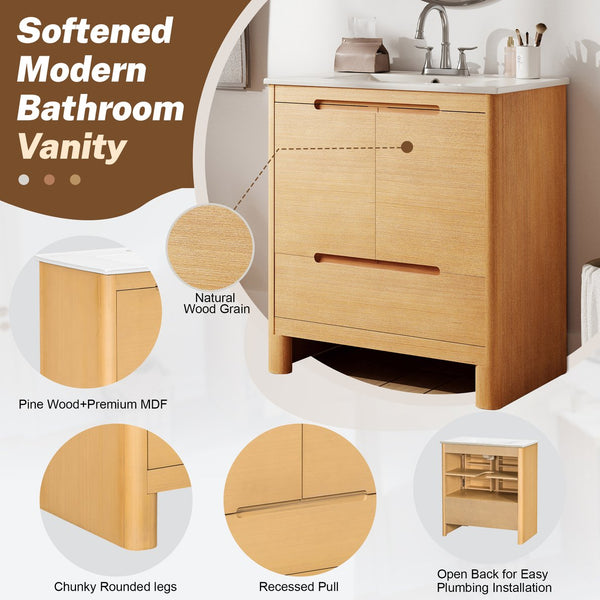English Elm [video] 30 Inch Freestanding Bathroom Vanity Pine Legs Ceramic Sink Soft Close Storage Oak N759P412928O