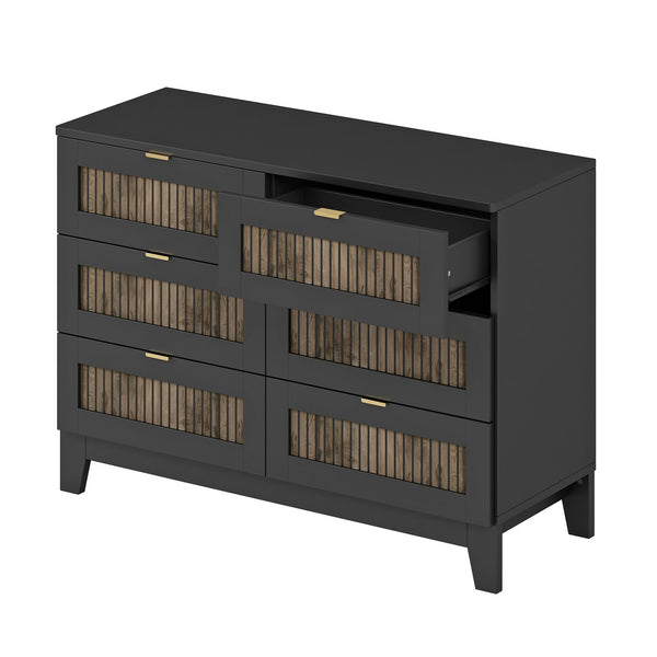 English Elm Rustic Farmhouse Wooden Dresser with 6 Drawers and Metal Handles — Spacious Storage, Stylish Bedroom Accent Black 52.17 L x 18.5 W x 11.81 H WF530908AAB