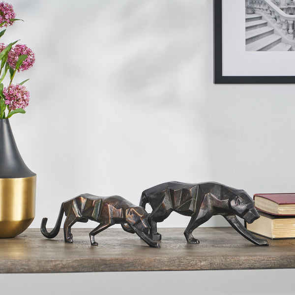 English Elm Christopher Knight Home® - Leopard Handcrafted Aluminum Figurine Set of 2 — Black Charcoal Crouching Design, Geometric Sleek Decor 71647.00