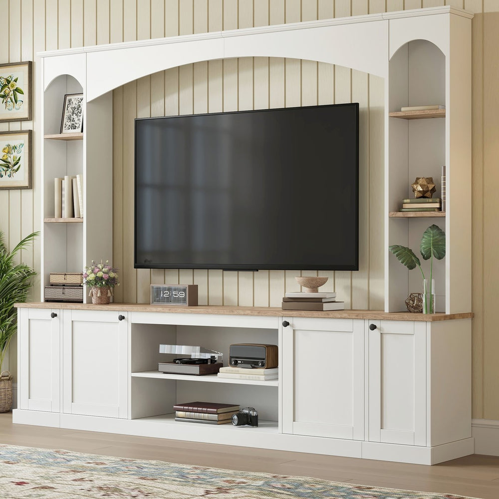 English Elm Arched Farmhouse Entertainment Center with Open Shelving for Living Room White N721S000063K