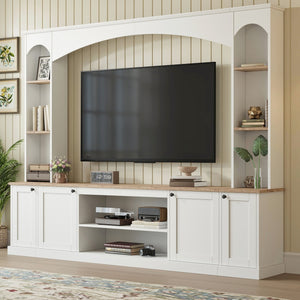 English Elm Arched Farmhouse Entertainment Center with Open Shelving for Living Room White N721S000063K