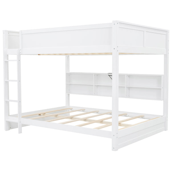 English Elm Queen Over Bunk Bed Solid Pine Cabin Frame with Storage and Usb Charging White GX000399AAK