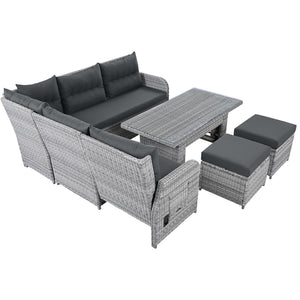 English Elm Outdoor Furniture Set: Modern Rattan Patio Set With Adjustable Recliners, Glass Tables & Ottomans N719Z000120E-GIGA