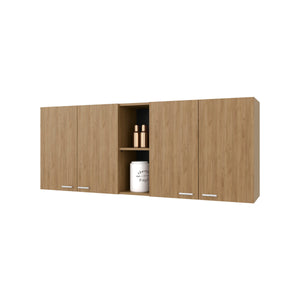 English Elm Luray Wall Cabinet Kitchen Melamine 4-Door with Open Shelf, Natural Oak Finish, Space-Saving Design B128P287518