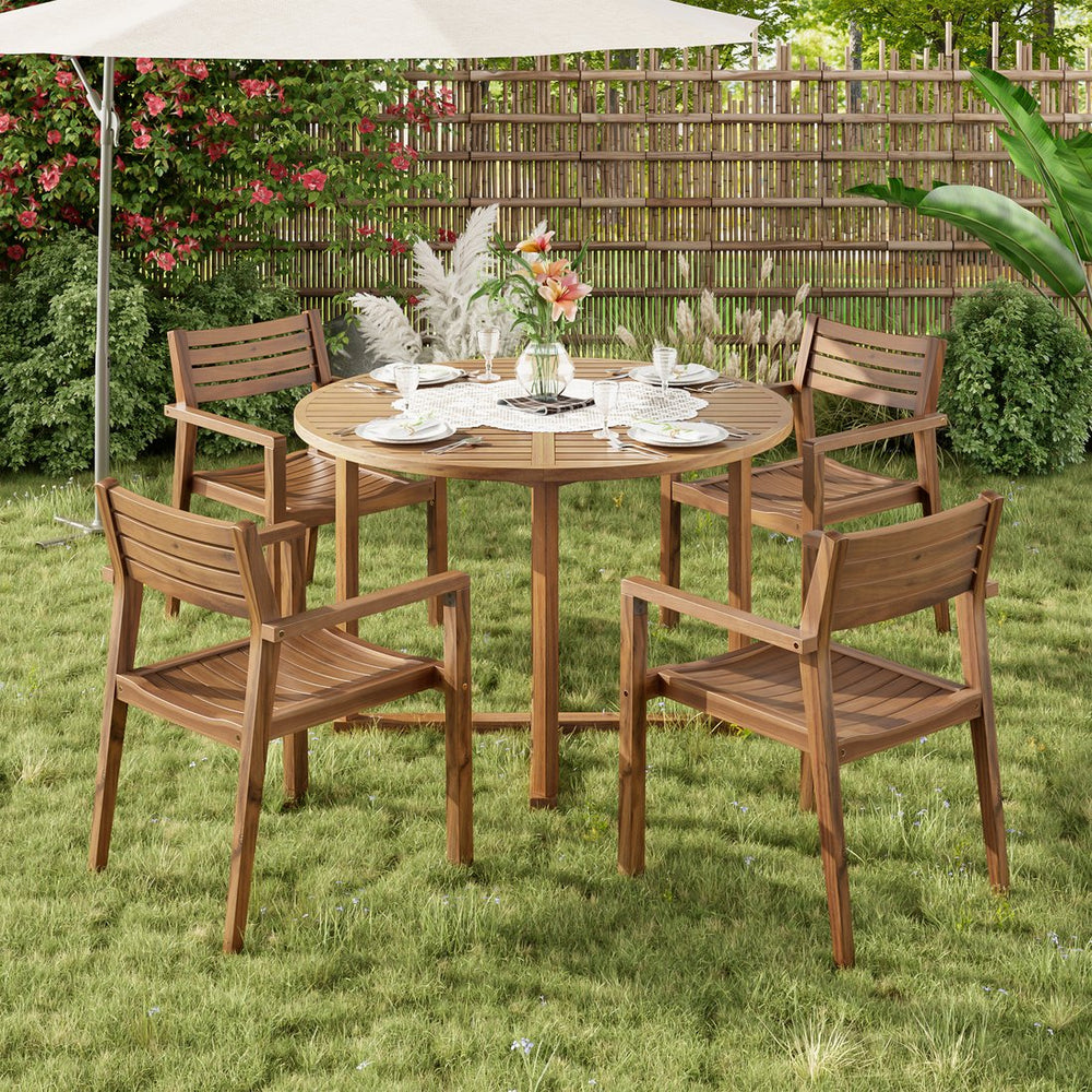 English Elm U_style Solid Acacia Wood Round Outdoor Dining Set Seats Four with Slatted Design Natural WY000475AAO