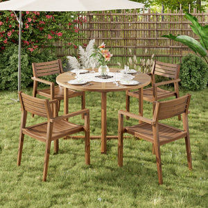 English Elm U_style Solid Acacia Wood Round Outdoor Dining Set Seats Four with Slatted Design Natural WY000475AAO