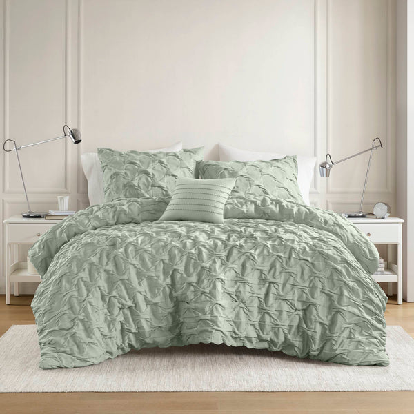 JLA Home Comfort Spaces - Diamond Diamond Pucker Woven Comforter Set with Ruched Ogee Pleat, Crinkle Texture, OEKO-TEX Certified Breathable Luxury Green AM10-0166