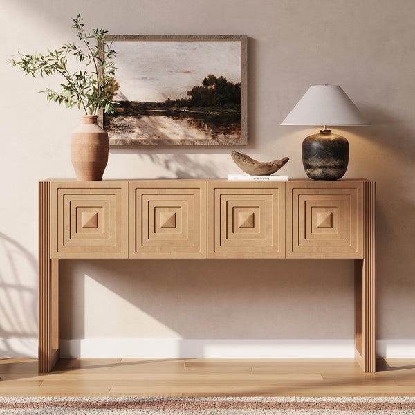 English Elm [video] Art Deco Console Table Geometric Carved Fronts Fluted Legs 3 Soft-close Drawers Light Brown N759P433572T