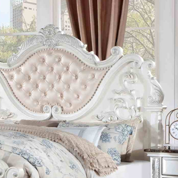 English Elm Luxurious Tufted Leatherette California King Bed Baroque Carved Wood Formal Bedroom B2741S00809