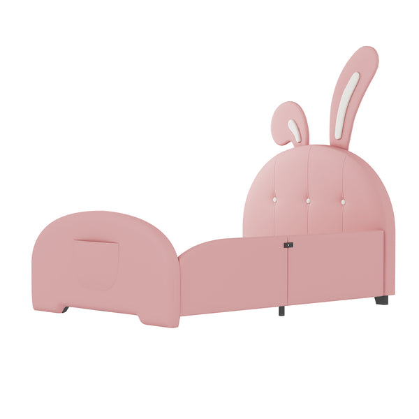 English Elm Twin Rabbit-Shape Upholstered Princess Bed with Headboard & Footboard, Sturdy Slat Platform, Durable MDF Frame Pink 42.91 L x 34.65 W x 6.5 H N733P198764H