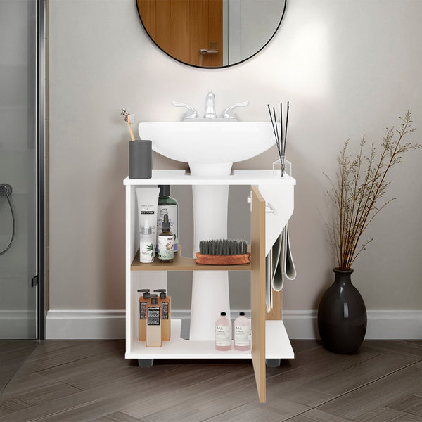 English Elm White White and Natural Oak Under Sink Vanity Cabinet with Shelves Compact Storage for Baths B062P380047