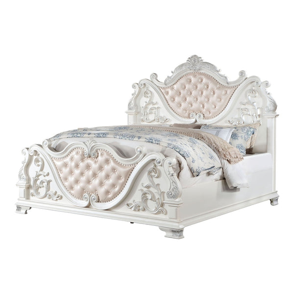 English Elm Pearl White Queen Bed Baroque Carved Tufted Headboard Formal Master Bedroom Statement B2741S00808