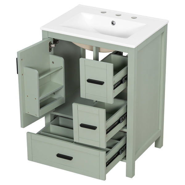 English Elm Modern 24 Inch Bathroom Vanity Solid Wood Cabinet with Ceramic Sink and Soft Close Storage Green N729P292859F
