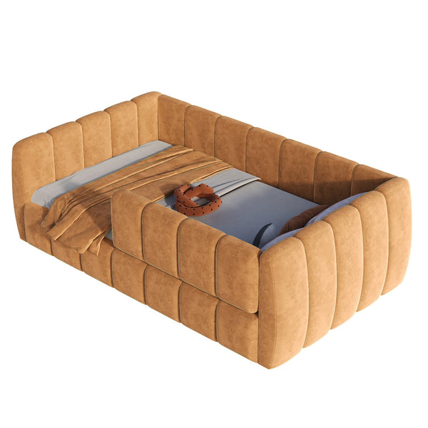 English Elm Upholstered Velvet Toddler Daybed with Removable Guardrails and Solid Slat Support Orange N899P452426C