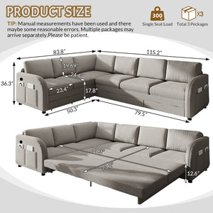 English Elm 115.2" Oversized Teddy Fabric Sectional Sleeper Sofa with Usb Ports and Modular Chaise Light Grey W1885S00317