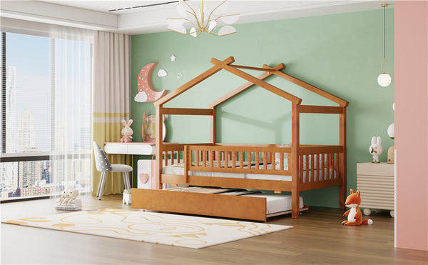 English Elm Twin House Bed with Trundle Solid Pine Frame Walnut Kids Bedroom Sleepover N708P357115L