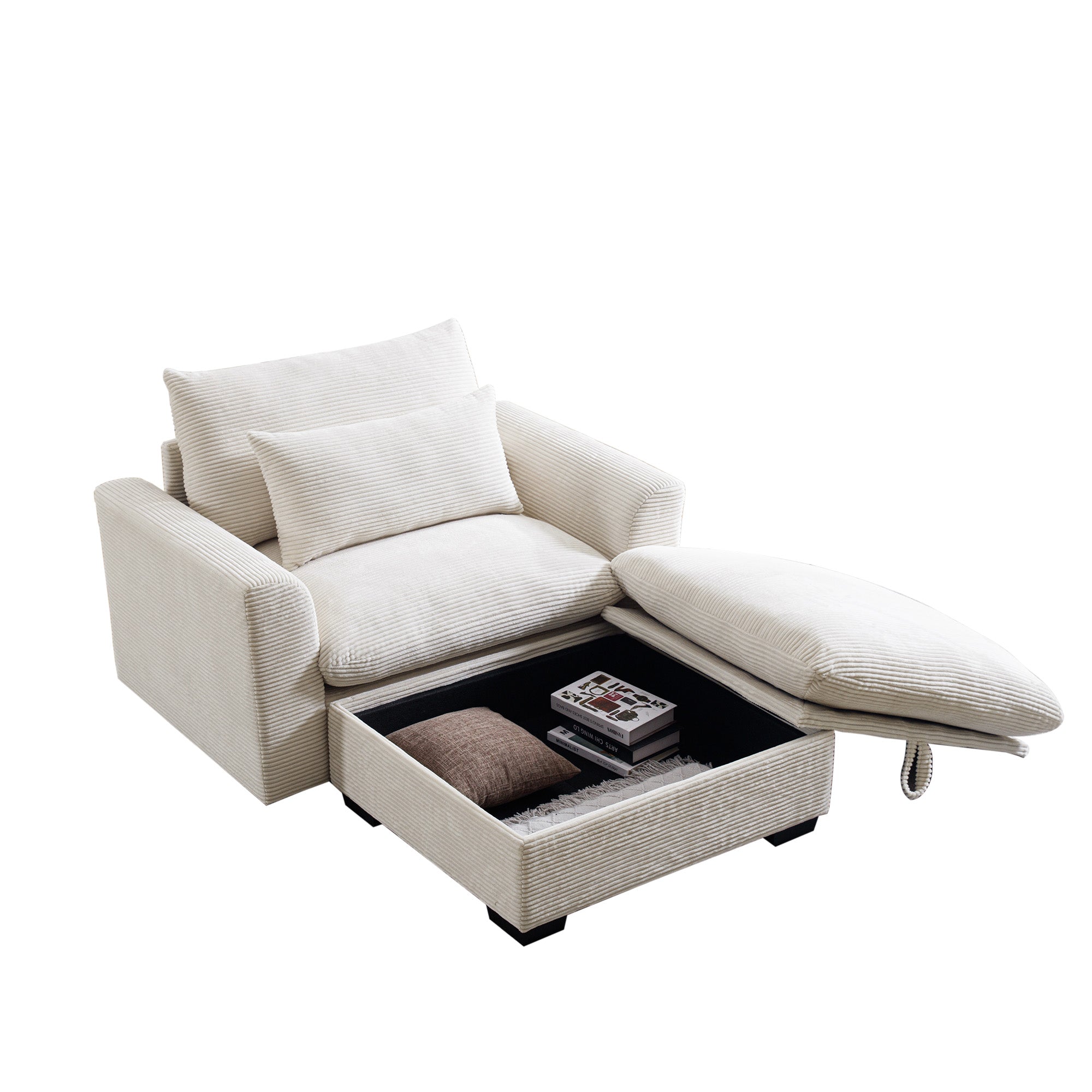 English Elm Beige Modular Corduroy Sofa Couch With Storage Ottoman - Versatile Deep Seating For Modern Spaces W714S00636