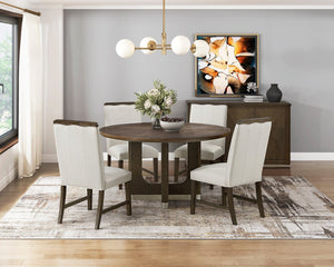 English Elm Modern 5-Piece Dining Set: Round Oak Table With Beige Upholstered Chairs For Stylish Comfort & Durability B011S01898
