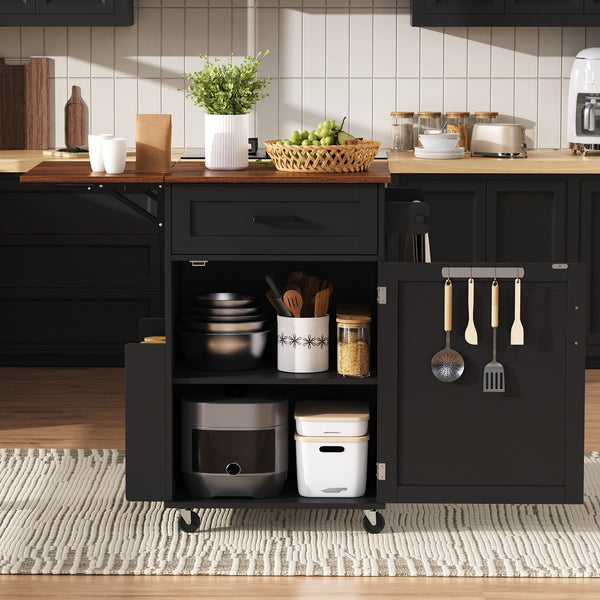English Elm K&k Farmhouse Rolling Kitchen Cart with Drop Leaf Drawer Open Rack Lockable Wheels Black N707P404539B
