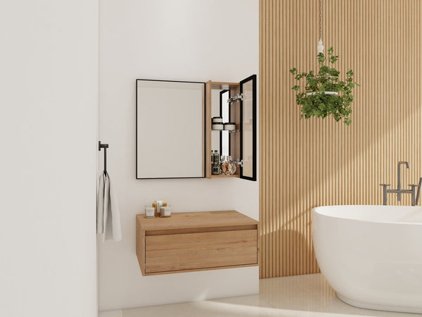 English Elm 30'' Wall Mounted Mirror Cabinet Black Aluminum Acrylic Door Floating Bathroom Storage W999S00538