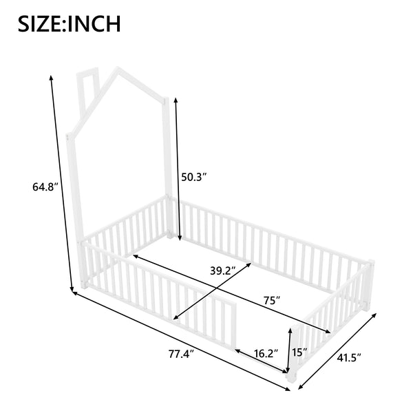 English Elm Twin House Metal Platform Bed with Guardrail & Chimney, White — Kids Playful Frame, Safe Sleep Design N709P203151K