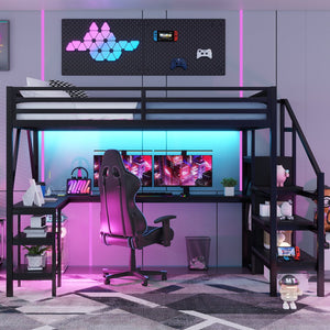 English Elm Metal Queen Loft Bed with L Shaped Desk Wardrobe Rgb Lighting and Usb Charging W2593S00065