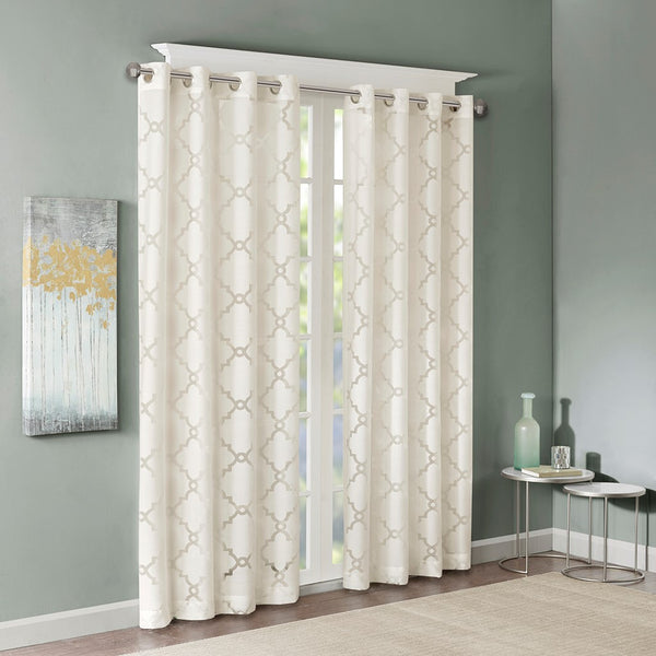 English Elm Fretwork Sheer Curtain Panel - Elegant Ivory Lightweight Treatment For Breezy, Refined Spaces B03598126