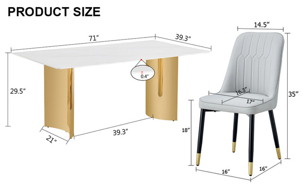 English Elm Table With Elegant Glass Top & 8 Comfortable Pu Chairs - Modern Marble Pattern & Gold Legs Set W1151S04354-GIGA