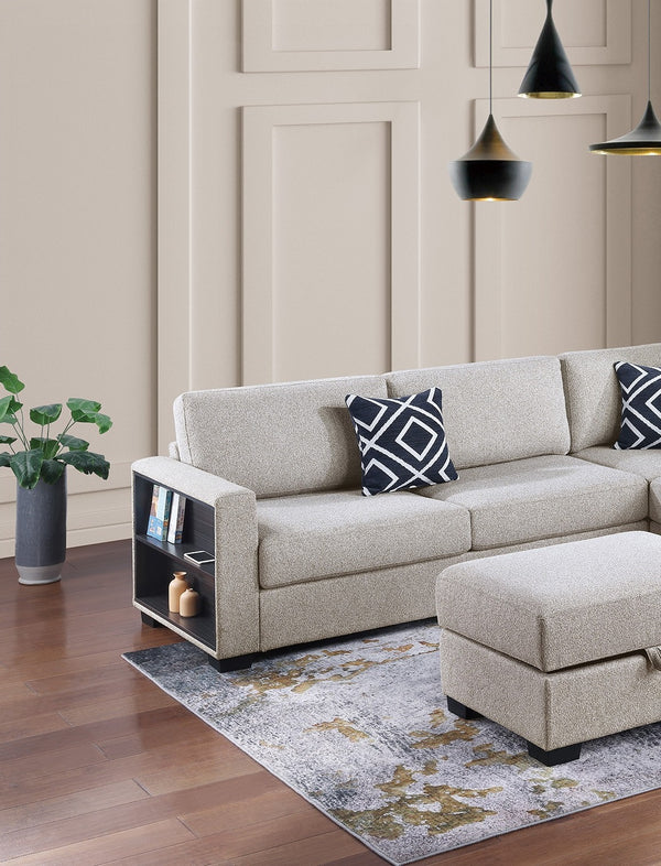 English Elm 3-Piece Boucle Sectional Sofa with Reversible Chaise, Built-In Shelf & Storage Ottoman for Living Rooms Beige 34 L x 26 W x 46 H B011S01778