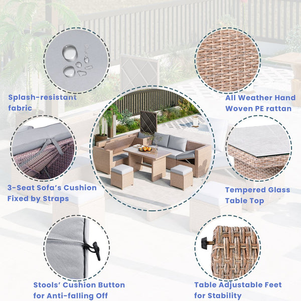 English Elm Topmax Outdoor Wicker Sectional Set with Storage Adjustable Seating and Tempered Glass Table Light Grey N717S100005G