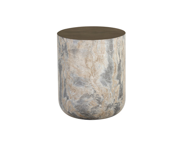 Sunpan Diaz End Table - Stylish Concrete Drum Design with Dark Timber Top, Perfect for Modern Spaces Marble Look / Antique Brass