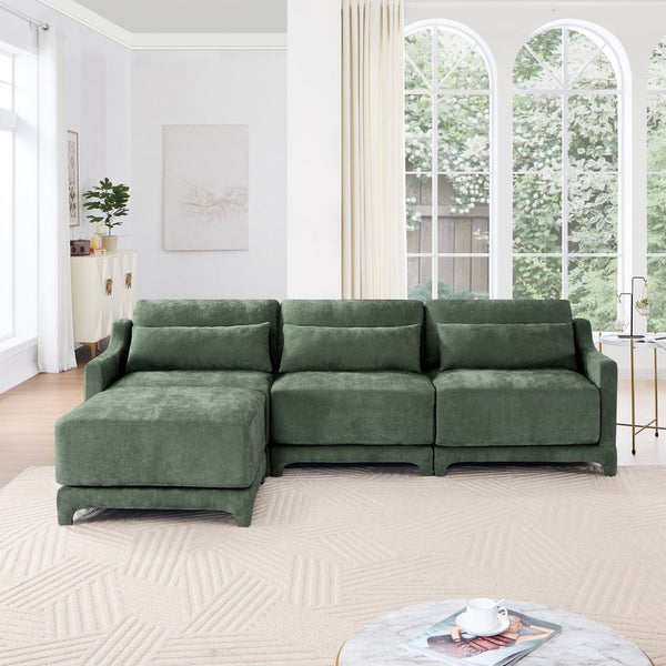 English Elm Three-Seater Chenille Sofa Set With Modular Ottomans, Elegant Design, High-Resilience Comfort, Green W714S01217-GIGA