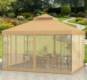 English Elm Outdoor Double Roof Gazebo with Mesh Netting Corner Shelves and Steel Frame T3971P426876